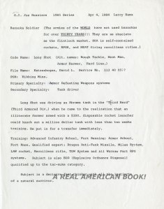 G.I. Joe Bazooka 1985 cardback original dossier by Larry Hama 